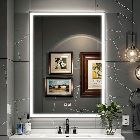 Soges – Armoire murale de salle de bain 50 x 70 x 13cm – Miroir lumineux LED anti-buée – Éclairage personnalisable – Aluminium noir sablé