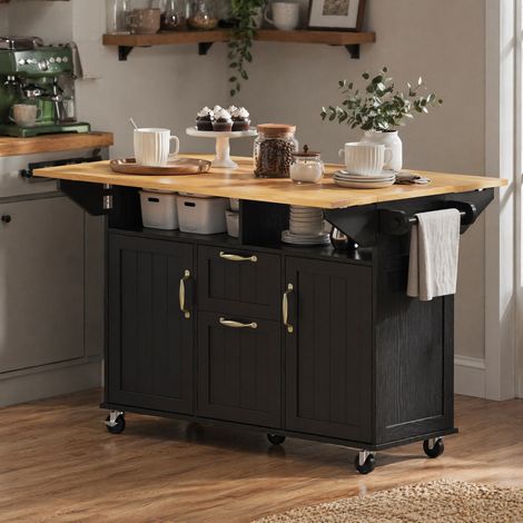 Isla de cocina con ruedas 120x40-60-80x92 cm, mesa abatible, almacenaje con cajones, MDF, negro y natural (1/5)