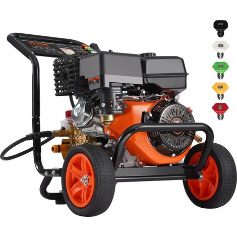 Nettoyeur haute pression à essence, 4400 PSI, laveuse haute pression à gaz, 15 L/min, avec pompe en cuivre, pistolet pulvérisateur, rallonge et 5 buses pour voitures, clôtures, maisons, allées (1/5)