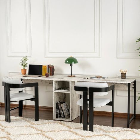 Dmora - Scrivania Caprioli, Scrittoio multiuso, Tavolo per ufficio porta PC, Piano di lavoro, 240x60 h74 cm, Marmo e Nero (1/5)