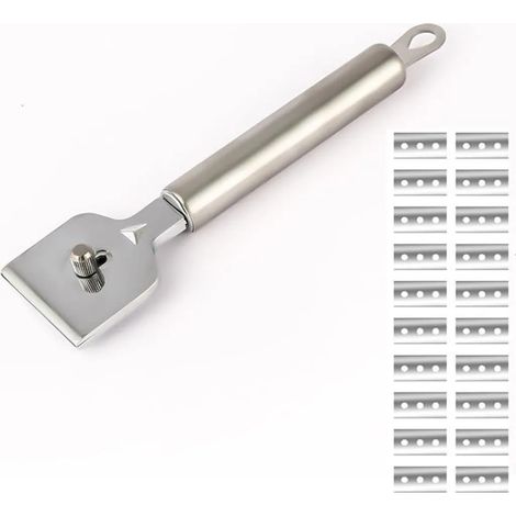 Grattoir à 20 lames – Grattoir pour plaques vitrocéramiques, grattoir pour vitres, plaques à induction, voiture, verre, miroirs, autocollants, nettoyage (acier inoxydable) (1/5)
