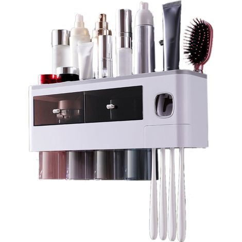 Porte-brosse à dents mural multifonction à absorption magnétique, support de rangement pour salle de bain avec tiroir, distributeur de dentifrice, 4 tasses, gris translucide (38,4 x 11,3 x 20 cm) (1/5)