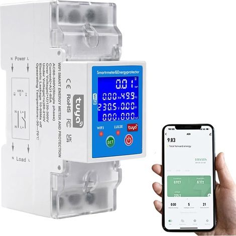Disjoncteur Wifi Tuya, Compteur Electrique Intelligent Compteur kWh 80A avec Minuterie, Protection contre les surtensions/sous-tensions/surintensités/fuites 80-300VCA 2P