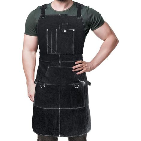 Grembiule da saldatore professionale da uomo in pelle con 6 tasche. Resistente e ignifugo, ideale per fabbri. Dimensioni: 91 x 61 cm, colore nero. (1/5)
