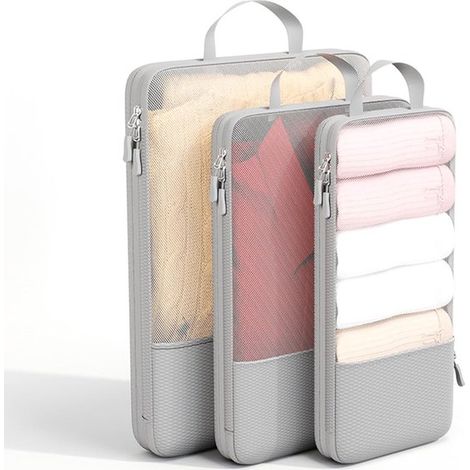 Kompressions-Packwürfel-Set – Transparentes Netzgewebe, faltbar, Doppelreißverschluss, für Koffer und Rucksack (grau) (1/5)