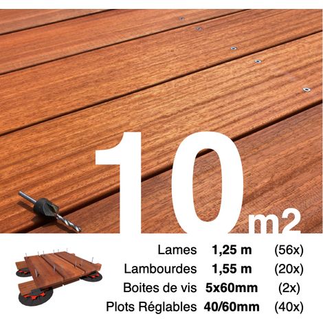 Kit complet terrasse bois exotique PADOUK pour 10 m² • Lames 1,25 m, lambourdes 1,55 m, plots réglables et visserie Inox • Livraison gratuite (1/4)