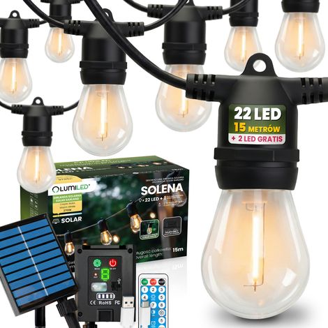 Ghirlanda solare da giardino con 22 lampadine LED decorative, 15 m, 2700K luce calda + telecomando solena lumiled (1/5)