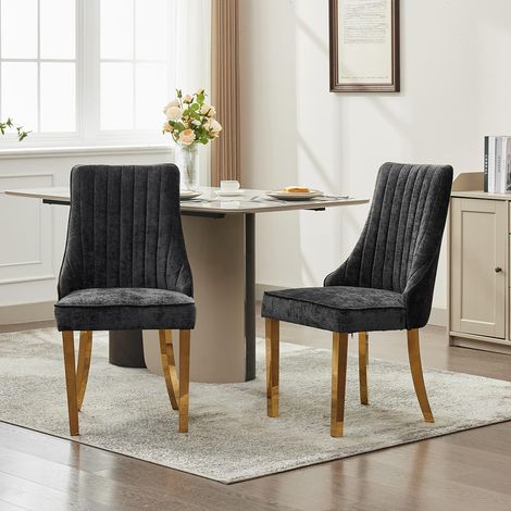 Chaises de salle à manger, lot de deux, rembourrées en tissu avec un rembourrage moelleux, pieds courbés en bois massif, lin,noir (1/5)