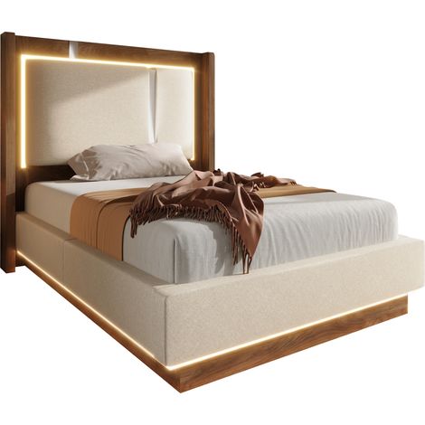 Letto Singolo Contenitore 90 x 200 cm in Lino, LED e Apertura Idraulica, senza Materasso, Beige Noce (1/5)