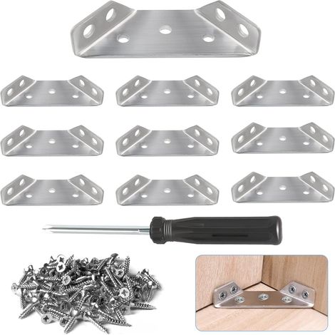 Lot de 10 supports triangulaires en acier inoxydable - Avec 70 vis - En acier inoxydable - Pour réparation de meubles - Pour armoire, table (69 x 30) (1/5)