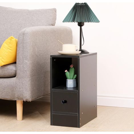 Small Bedside Cabinet, Narrow Nightstand Side Table, Slim Bedside Table with Drawer & Open Shelf for Bedroom, Living Room Sofa Side End Table - Black
