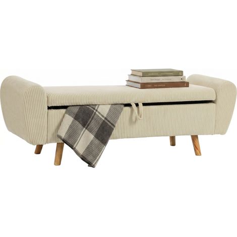 Banc de rangement 73 L, coffre de rangement rembourré en velours côtelé avec accoudoirs et pieds en bois d'hévéa, beige (1/5)