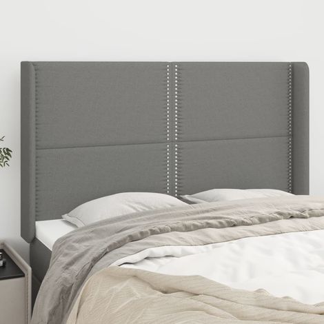 Tête lit de avec oreilles pour lit double, Cadre de lit, Tableau décoratif de chevet Gris foncé 147x16x118/128 cm Tissu CDE52347 (1/5)