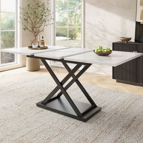 Table à manger extensible MDF effet marbre blanc et métal noir 120-160x80x75 cm, 6 à 8 personnes (1/5)