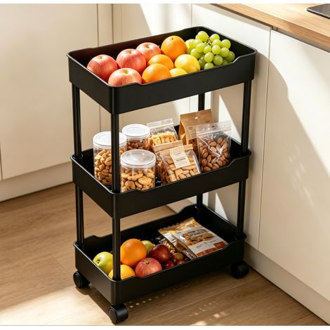 Chariot de rangement 3 niveaux noir largeur 15 cm roulettes pivotantes étagère étroite pour espace entre frigo meuble de cuisine rangement salle de bain (1/5)