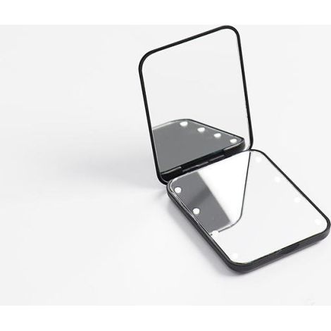 Miroir cosmétique LED à piles, grossissement x2, double face, format compact, noir. Idéal comme cadeau ou petit miroir de poche portable. Dimensions : 85 x 64 x 12,5 mm. (1/5)