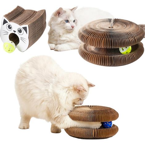 Griffoir pour chat pliable et extensible en carton alvéolé avec balle de jeu intégrée (1/5)
