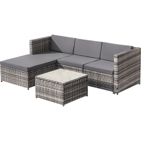 Ensemble Salon de Jardin Angle Résine Tressée Canapé Angle Table Basse Verre Coussins Gris (1/5)