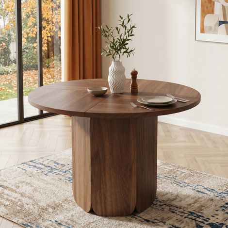 Tavolo da pranzo rotondo 120x120 cm per 4-6 persone, design scandinavo, adatto all'uso quotidiano, in MDF color noce (1/5)