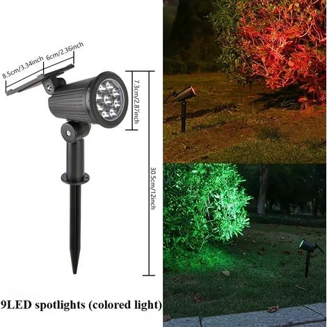 Projecteurs solaires à 9 LED (lumière multicolore), étanches IP65, pour extérieur, luminosité réglable, compatibles avec jardin, allée, terrasse et pelouse. (1/5)