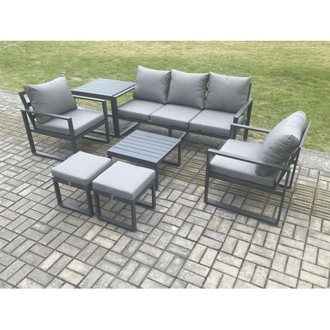 Fimous Aluminium 7 Seater Outdoor Lounge Sofa Set Garden Furniture Sets with Square Coffee Table 2 Chairs 2 Small Footstools Side Table Dark Grey (1/5)
