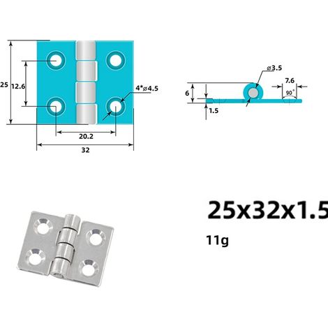 Charnière renforcée en acier inoxydable 304 (25 x 32 x 1,5 mm) pour équipements mécaniques, charnière plate pliante industrielle robuste, charnière à plaque rabattable. (1/5)