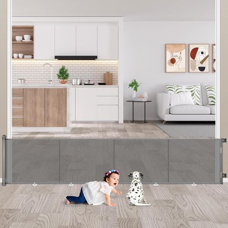Barrière de Sécurité Enfant Rétractable 0-500cm, Gris  Barriere de Securite Rétractable, Barriere de securite Chien pour Les Escaliers/Portes/Couloirs/Intérieur/Extérieur (1/5)
