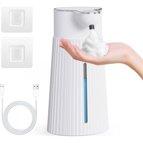 400ML Electric Soap Dispenser with Sensor, Automatic Wall Mounted Foam Soap Dispenser, 2 Levels, White, USB, IPX6 Waterproof, AA