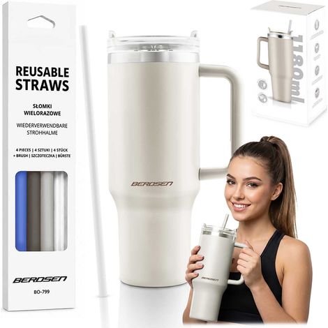 Vacuum Insulated Mug with Straw Set, 1180 ml, Cream (1/5)