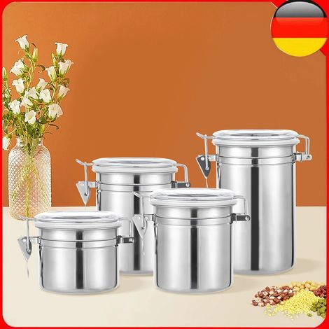 4pcs réservoir de stockage alimentaire en acier inoxydable, récipient de stockage scellé, équipé d'un couvercle transparent, farine, café, thé, stockage alimentaire (1/5)