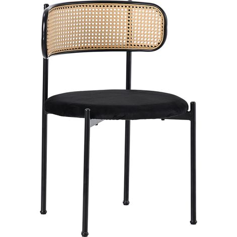 Chaise de salle à manger en velours avec dossier en rotin, lot de 2, pieds métalliques noirs (1/5)