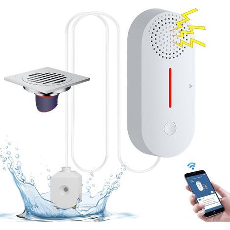 WLAN-Wassermelder, 100 dB, einstellbarer Alarm, Push-Benachrichtigungen auf Smartphones, Bodenablauf für 40/50/75 cm Rohre – WASSER 100 dB (1/5)
