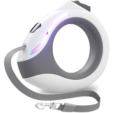 (White) Retractable dog leash, 3m extendable leash with LED flashlight, brake and one-button lock, extendable leash for dogs up to 20kg