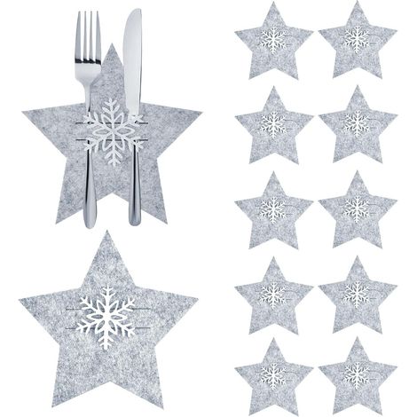 12 pièces Porte Couverts Noël Feutre, Gris étoiles Noël Flocon de Neige Couverts Feutre pour la décoration de Table de Noël pour Une Ambiance de Noël Riche (1/5)
