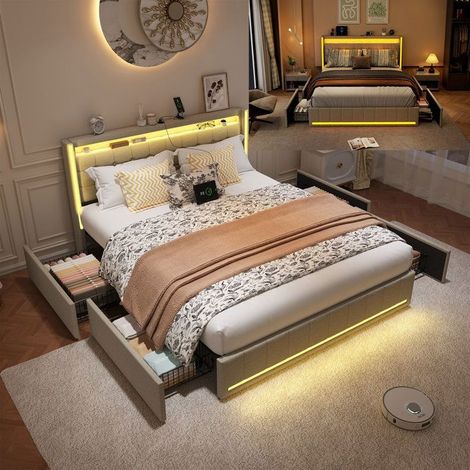 Lit 160x200 cm beige avec LED intégrée, ports USB/Type-C et tiroirs - cadre adulte, sommier à lattes (1/5)