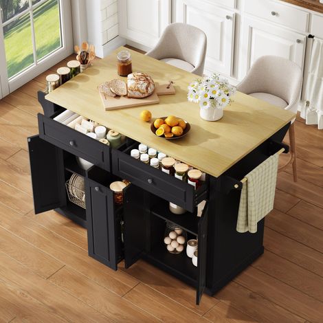 Îlot central de cuisine extensible Noir,Desserte Cuisine avec 2 tiroirs,plan de travail,sur roulettes,121x49(69)x89cm (1/5)