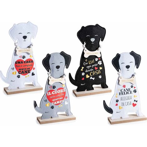 Cani decorativi in panno su base legno, con stampa, scritte e collare in legno, set da 8 pezzi, cm 15,5 x 5 x 25 H