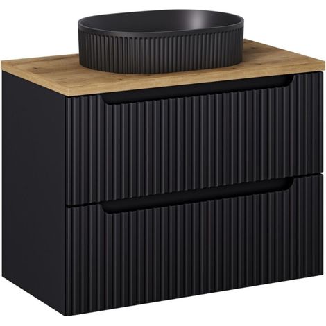 Set VANO 80cm: Waschtischunterschrank mit Schubladen + Arbeitsplatte in heller Eichenoptik + aufsatzwaschbecken mit Rillen in Mattschwarz
