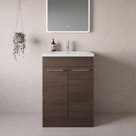 Napoli 460 Brown Oak 600mm 2 Door Vanity Unit with Glide Basin - 600mm - Chrome 160mm Handle