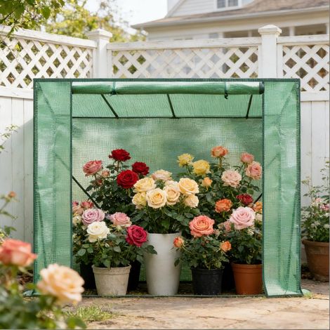 Serre de jardin 200x77x169 cm verte en PE et acier avec 8 étagères et housse semi-transparente (1/5)