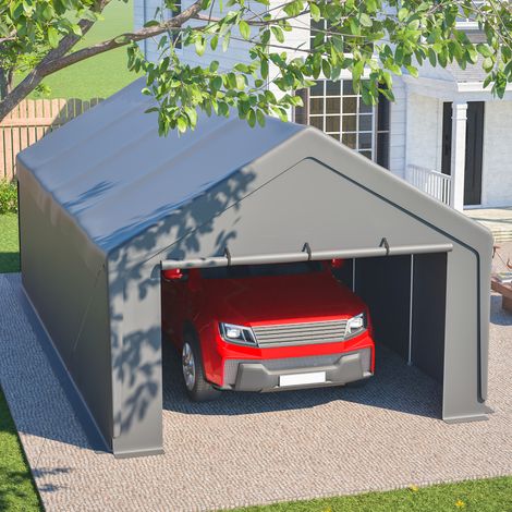 Carport avec bâche imperméable, parois amovibles, fenêtres enroulables et 8 pieds, en acier galvanisé gris, 3.96x7.62 m