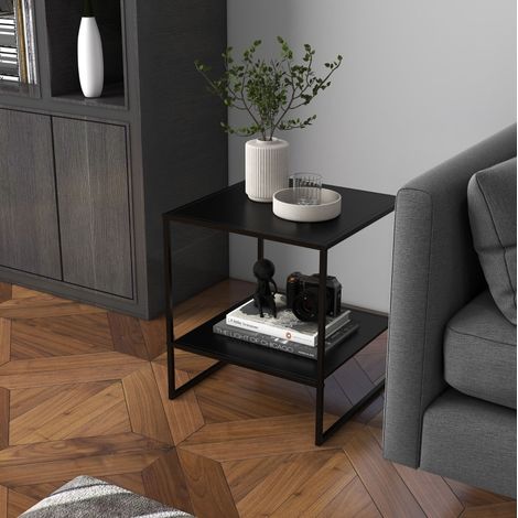 Mesa auxiliar industrial 40x40x45 cm negra con estante, estructura de acero MEUBLIV (1/5)