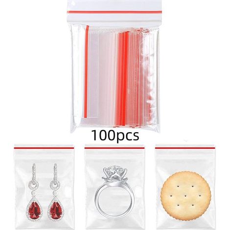 100 sacchetti di plastica richiudibili (8 x 12 cm) con cerniera, ideali per riporre articoli da ufficio, semi e gioielli, con bordo rosso trasparente. (1/5)