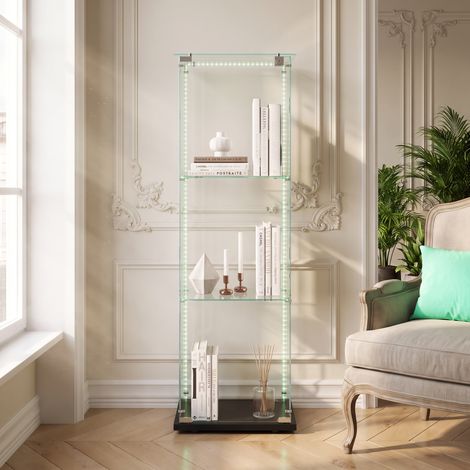 Vitrine en verre trempé 3 niveaux, Éclairage LED réglable, présentoir à simple porte avec serrure, Protection anti-basculement – Dimensions 39.8x35x123 cm