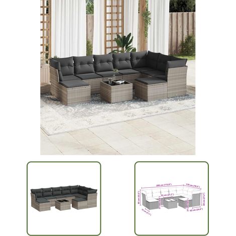 vidaXL 10-tlg. Garten-Sofagarnitur mit Kissen Hellgrau Poly Rattan