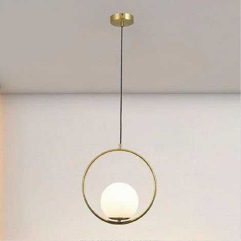 TrAdE Shop Traesio - Lampadario A Sospensione Cerchio Metallo Con Sfera Vetro Bianco Attacco E27 Oro 32811 - (1/5)