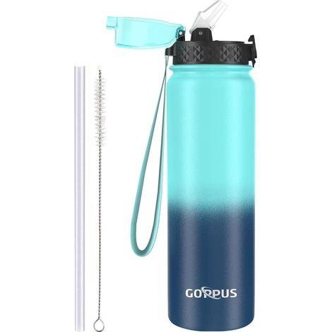 1L Thermosflasche mit Strohhalm, Edelstahl, auslaufsicher, BPA-frei, mit Trageriemen (1/5)