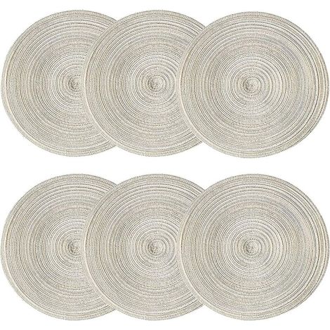Set of 6 Round Woven Placemats, 38cm Washable, Non-Slip, Heat Resistant, Beige (1/5)