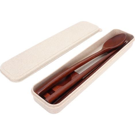 Lot de 4 baguettes en bois et cuillère avec repose-couverts, étui de rangement inclus, set de couverts portable pour bureau et école (1/5)