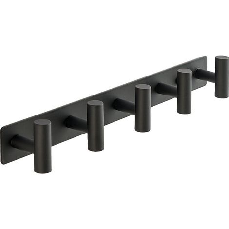 Appendiabiti da parete con 5 pratici ganci, realizzato in acciaio inox, robusto e durevole, di colore nero, ideale per appendere asciugamani e vestiti. (1/4)